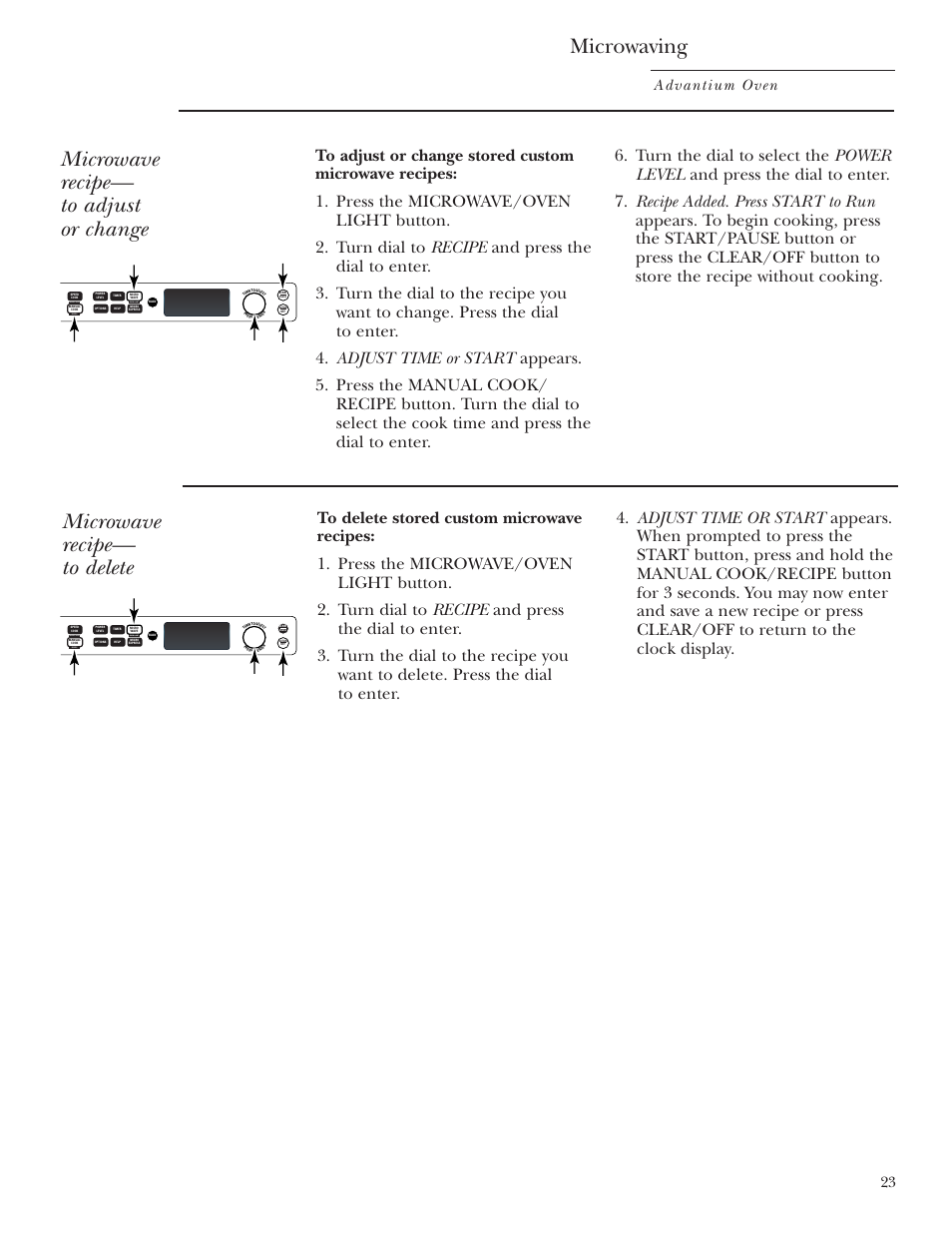 Microwaving, Microwave recipe— to adjust or change, Microwave recipe— to delete | Advantium oven, Repeat last oven light recipe | GE SCB2001 User Manual | Page 23 / 40