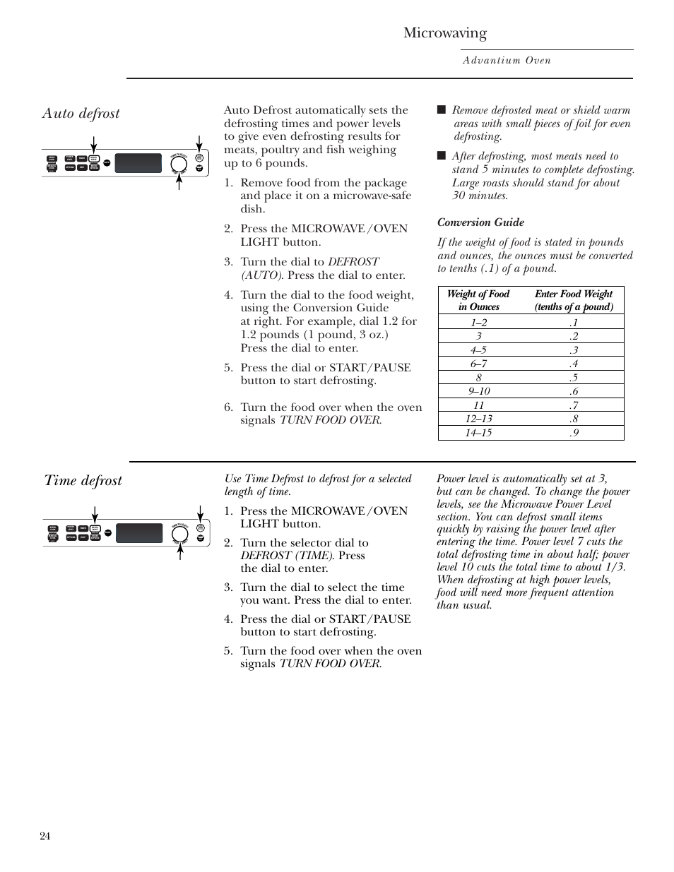 Defrost (auto), Defrost (time), Defrost (auto) defrost (time) | Microwaving, Auto defrost, Time defrost, Advantium oven, Repeat last oven light recipe | GE SCB2001 User Manual | Page 24 / 40