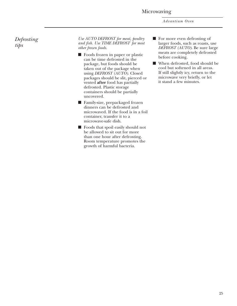 Defrosting tips, Microwaving | GE SCB2001 User Manual | Page 25 / 40