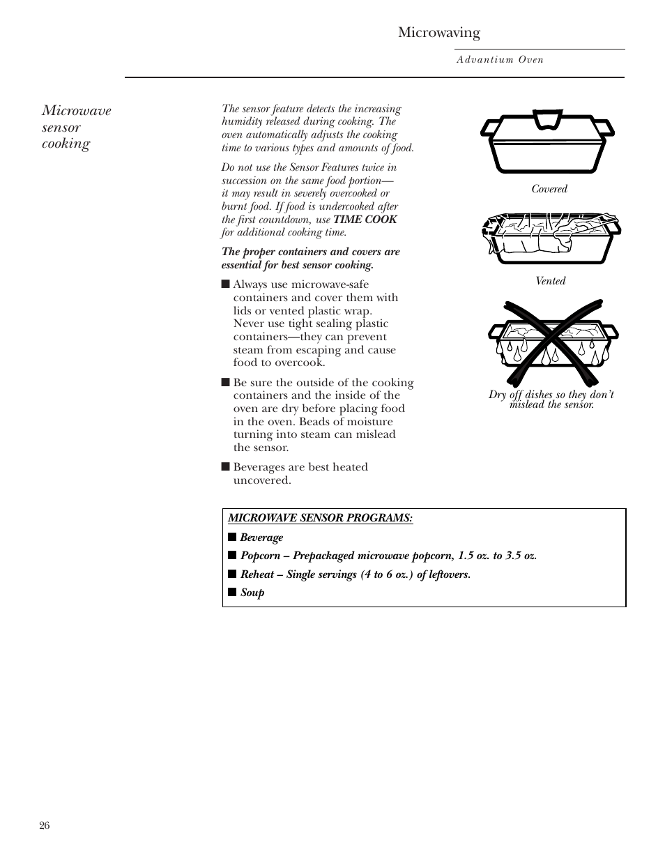 Sensor cooking, Sensor cooking , 27, Microwaving | Microwave sensor cooking | GE SCB2001 User Manual | Page 26 / 40