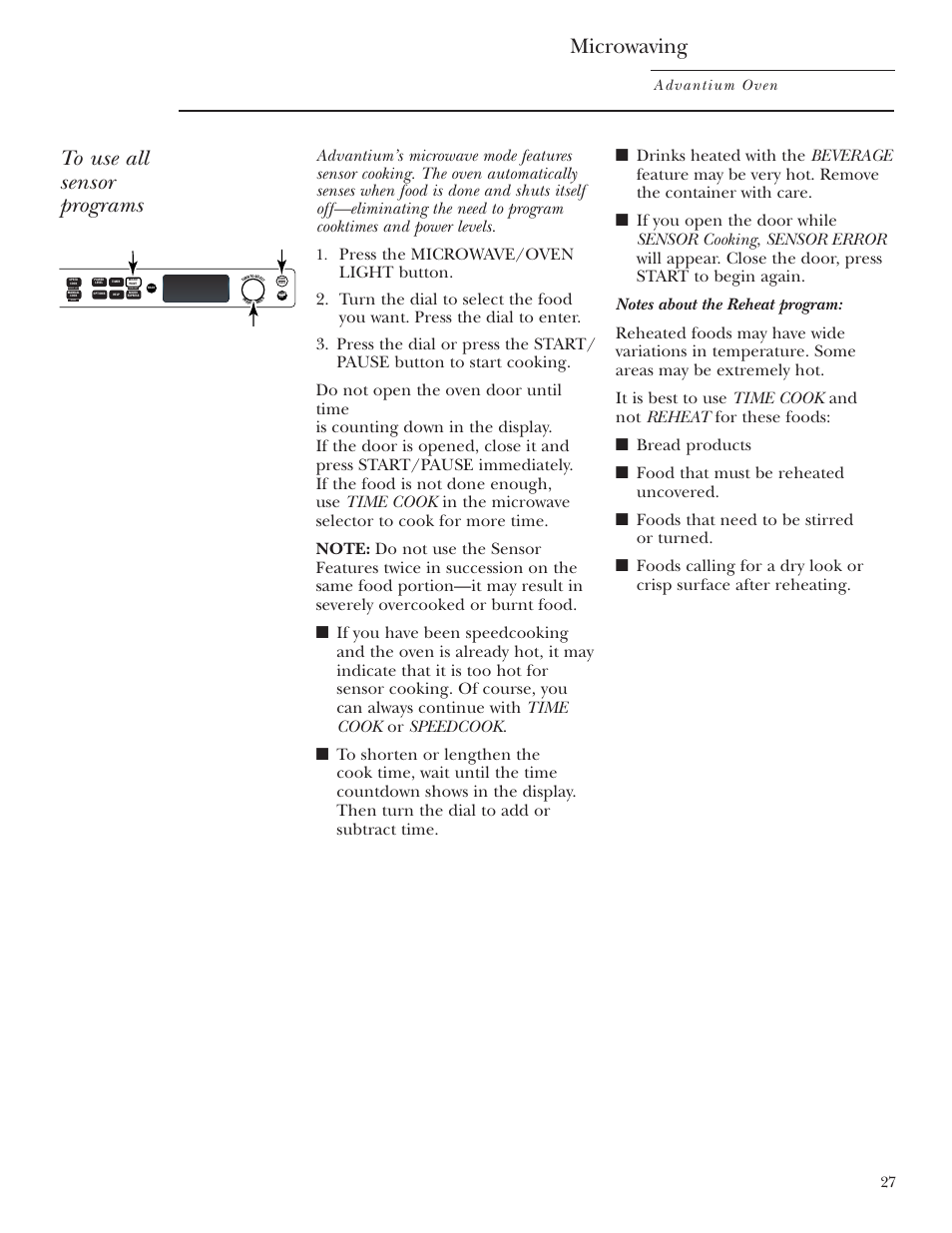 Microwaving, Advantium oven | GE SCB2001 User Manual | Page 27 / 40