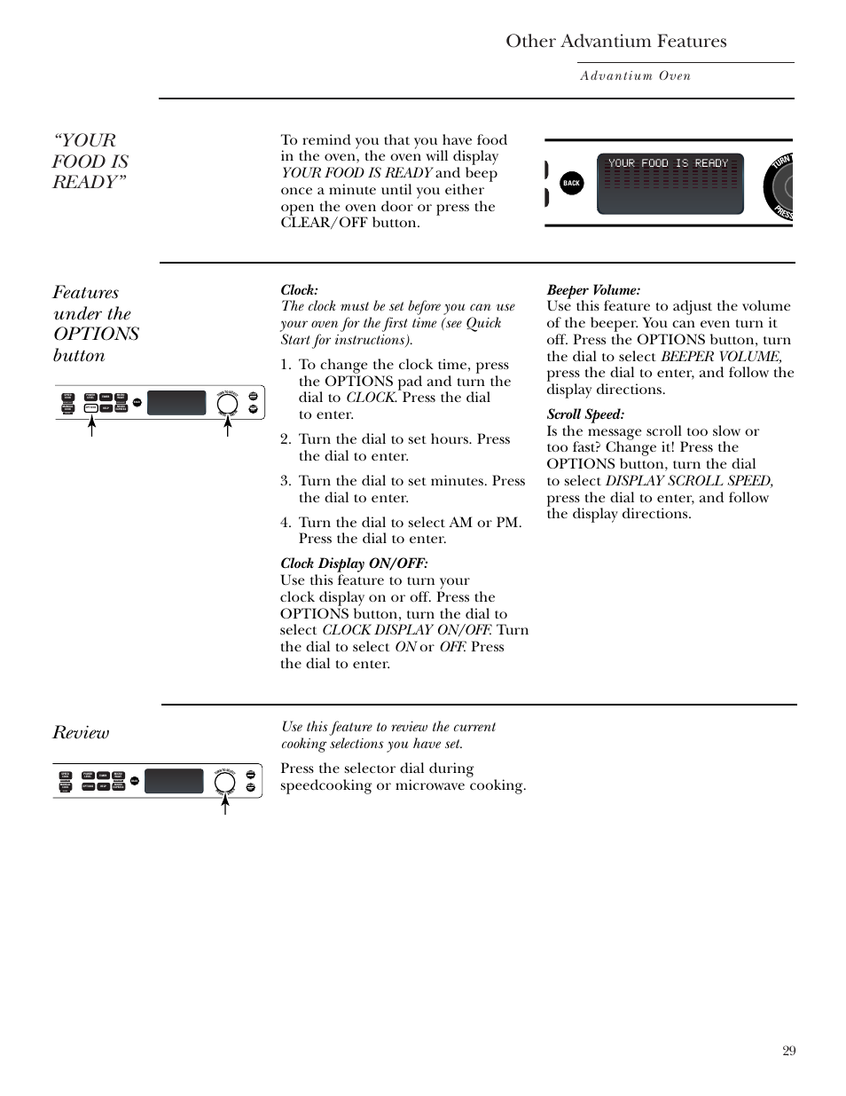 Beeper volume, Display on/off, Review | Scroll speed, Review scroll speed, Other advantium features, Your food is ready, Features under the options button, Advantium oven, Repeat last oven light recipe | GE SCB2001 User Manual | Page 29 / 40