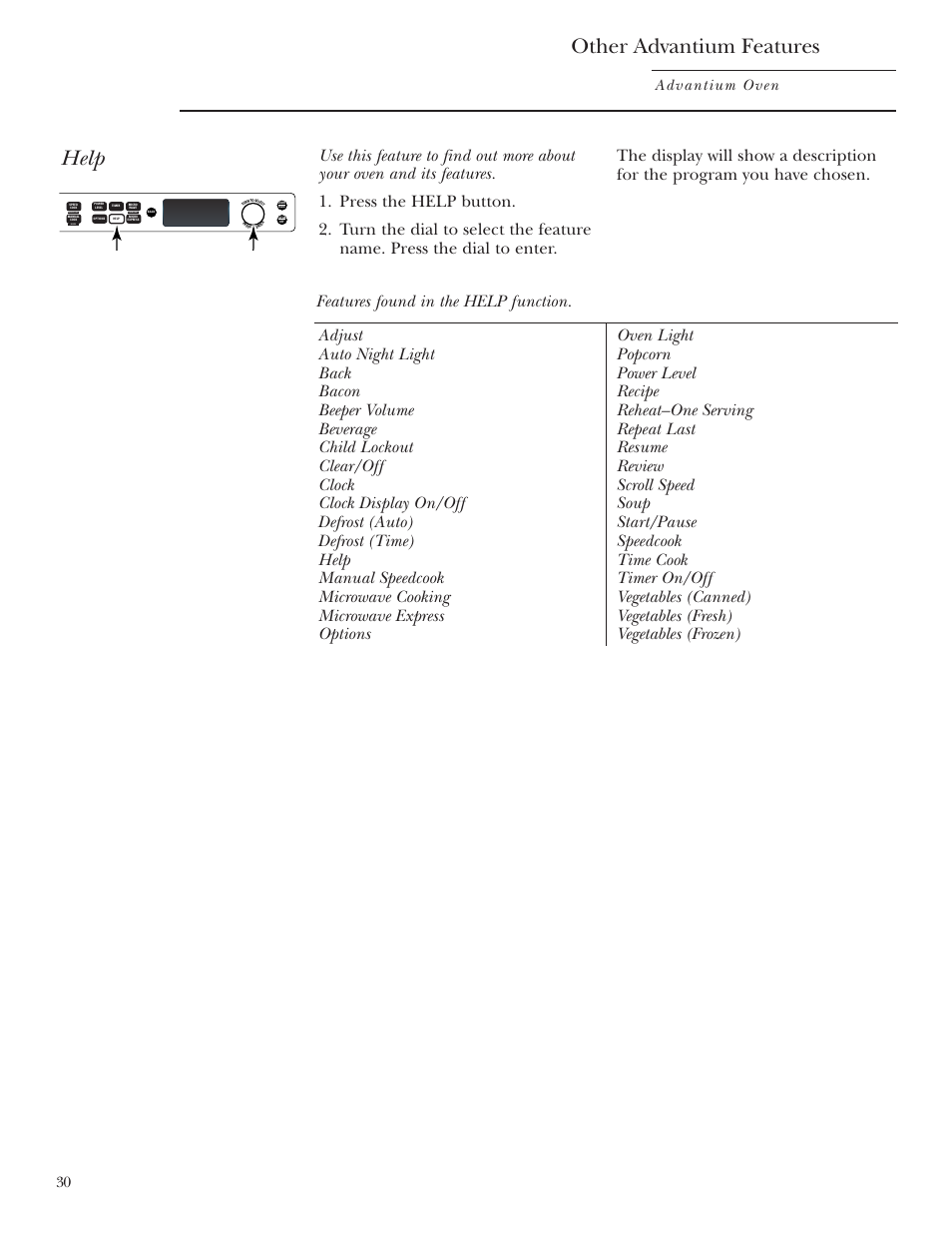 Help, Other advantium features, Advantium oven | Repeat last oven light recipe | GE SCB2001 User Manual | Page 30 / 40