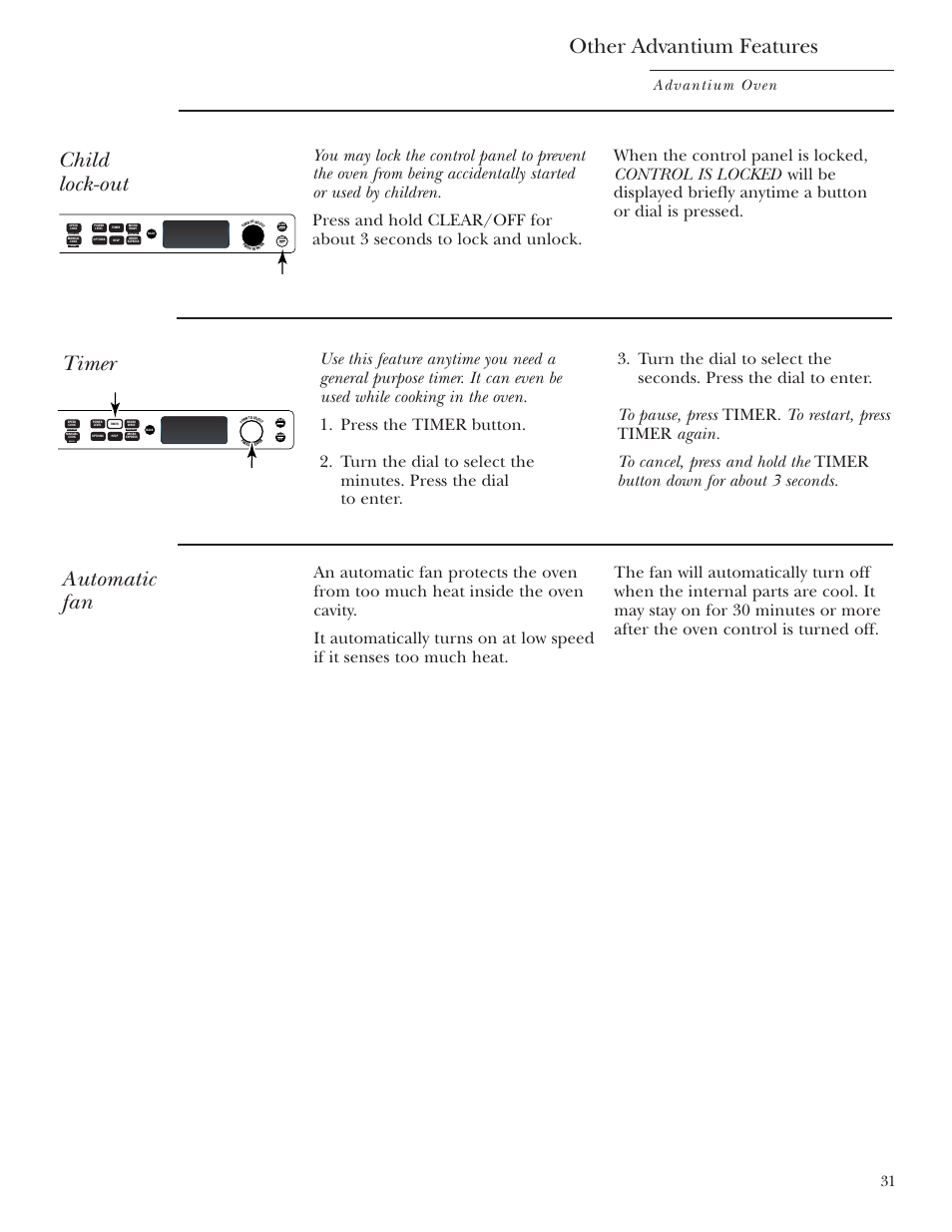 Automatic fan, Child lockout, Timer | Other advantium features, Child lock-out, Advantium oven, Repeat last oven light recipe | GE SCB2001 User Manual | Page 31 / 40