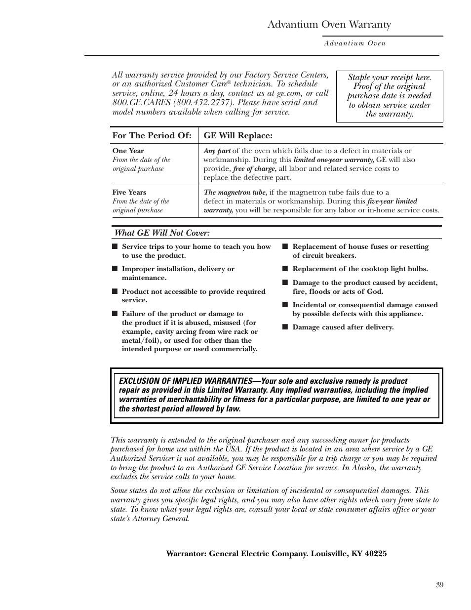 Warranty, Advantium oven warranty | GE SCB2001 User Manual | Page 39 / 40