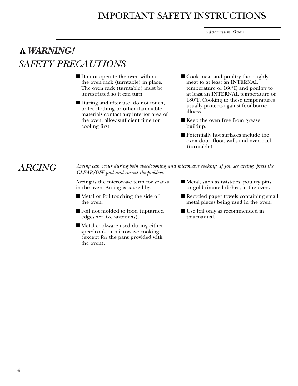 Warning, Safety precautions, Arcing | Important safety instructions | GE SCB2001 User Manual | Page 4 / 40