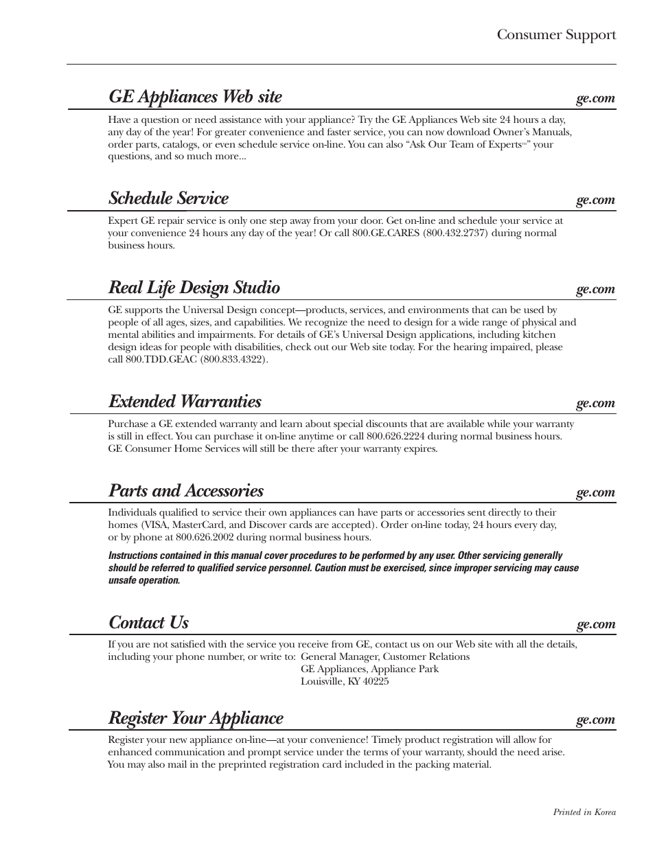 Service phone numbers, Service phone numbers . . . .back cover, Ge appliances web site | Schedule service, Real life design studio, Extended warranties, Parts and accessories, Contact us, Register your appliance | GE SCB2001 User Manual | Page 40 / 40