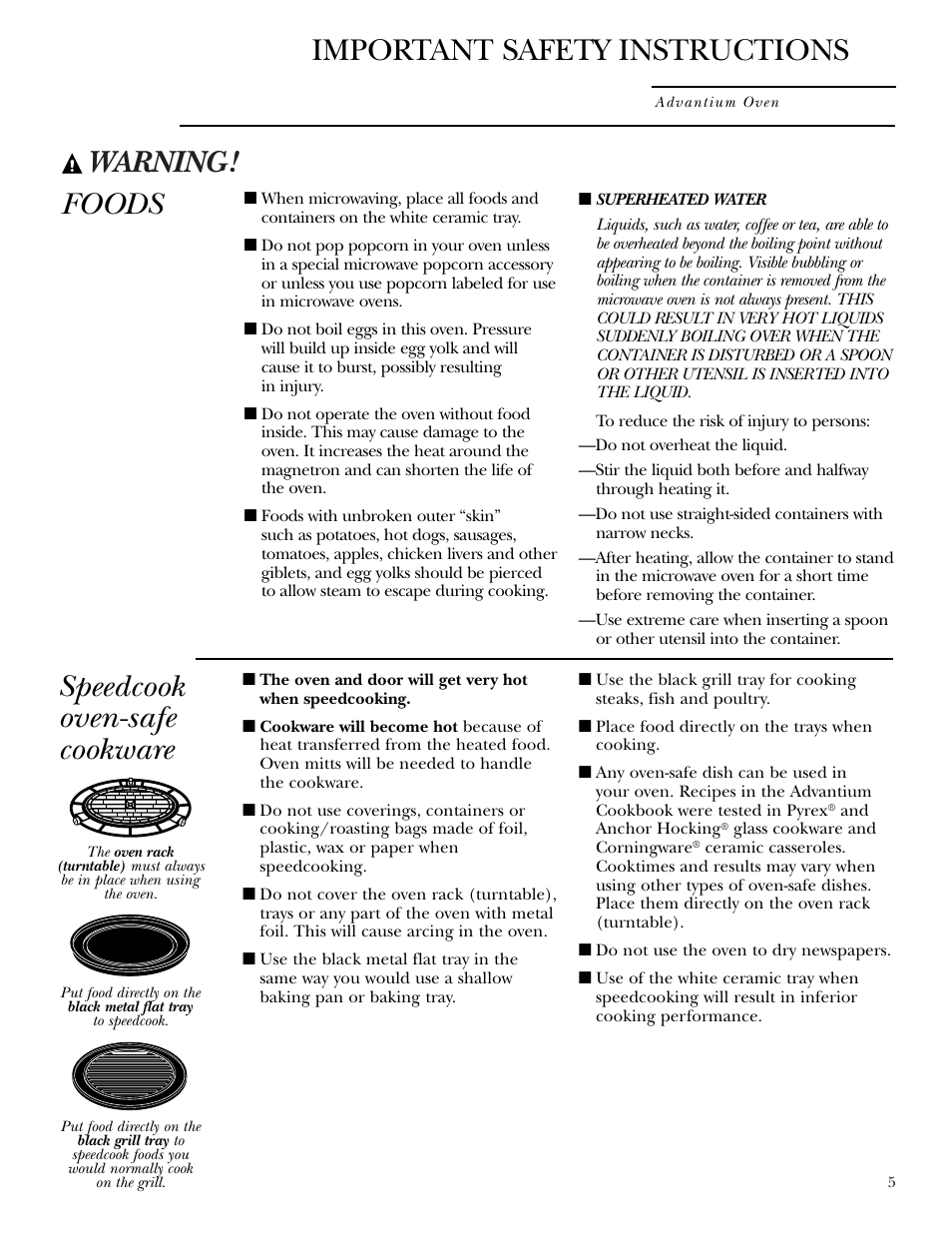 Speedcook-safe cookware, Warning, Foods speedcook oven-safe cookware | Important safety instructions | GE SCB2001 User Manual | Page 5 / 40