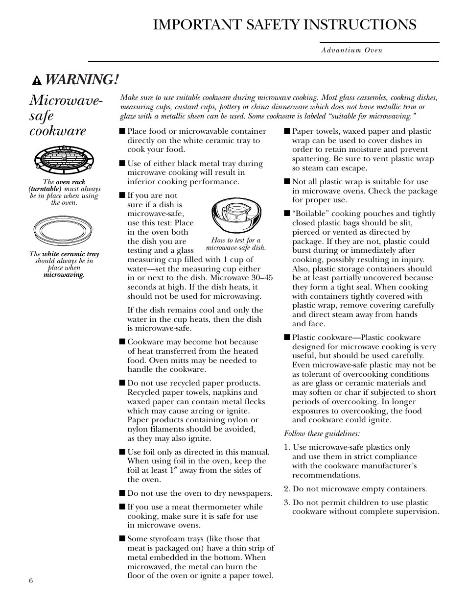 Microwave-safe cookware, Warning, Microwave- safe cookware | Important safety instructions | GE SCB2001 User Manual | Page 6 / 40