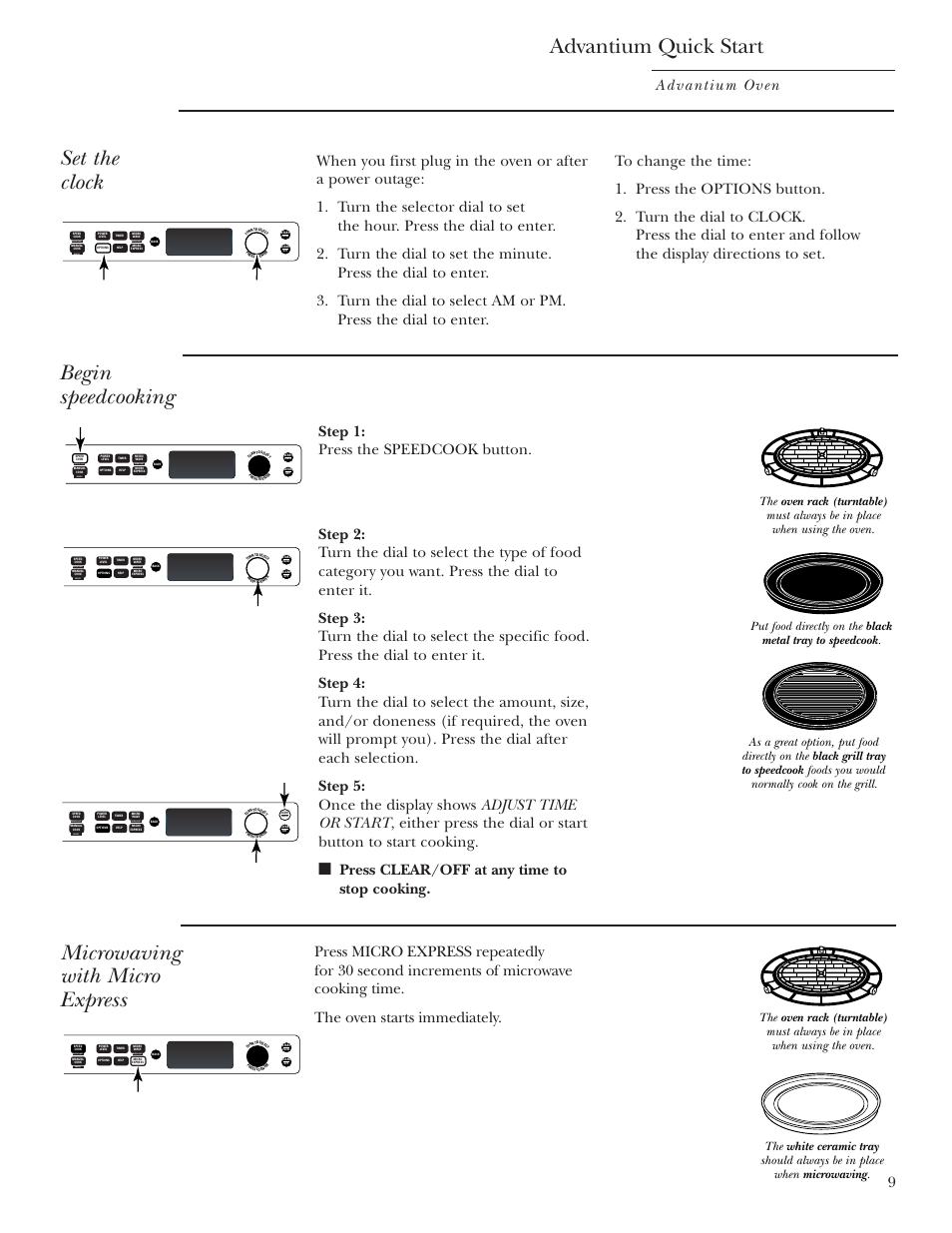 Advantium quick start, Micro express, Clock | Micro express , 21, Clock , 29, Set the clock, Begin speedcooking, Microwaving with micro express, Advantium oven, Press clear/off at any time to stop cooking | GE SCB2001 User Manual | Page 9 / 40