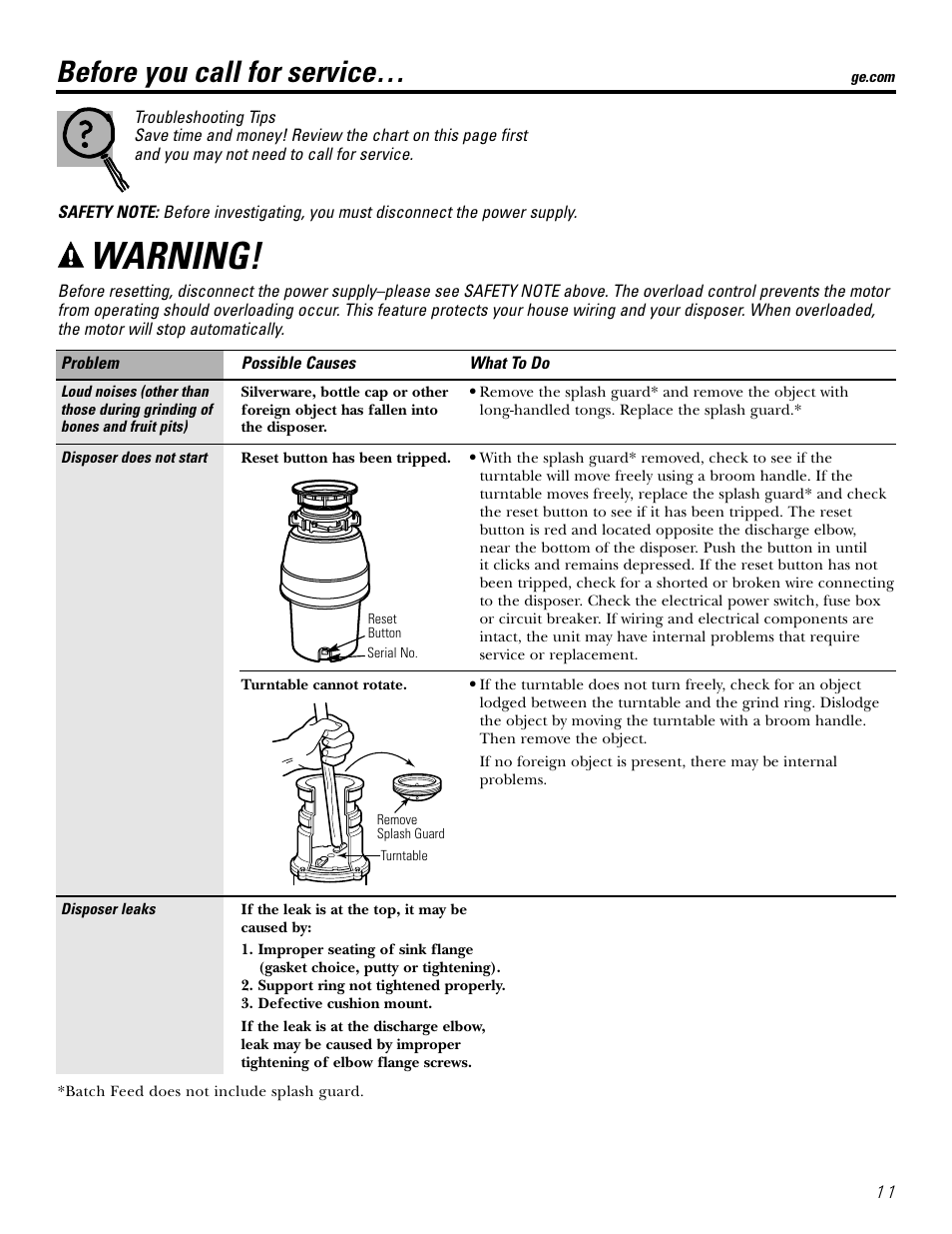 Before you call for service, Warning | GE GFB760 User Manual | Page 11 / 24