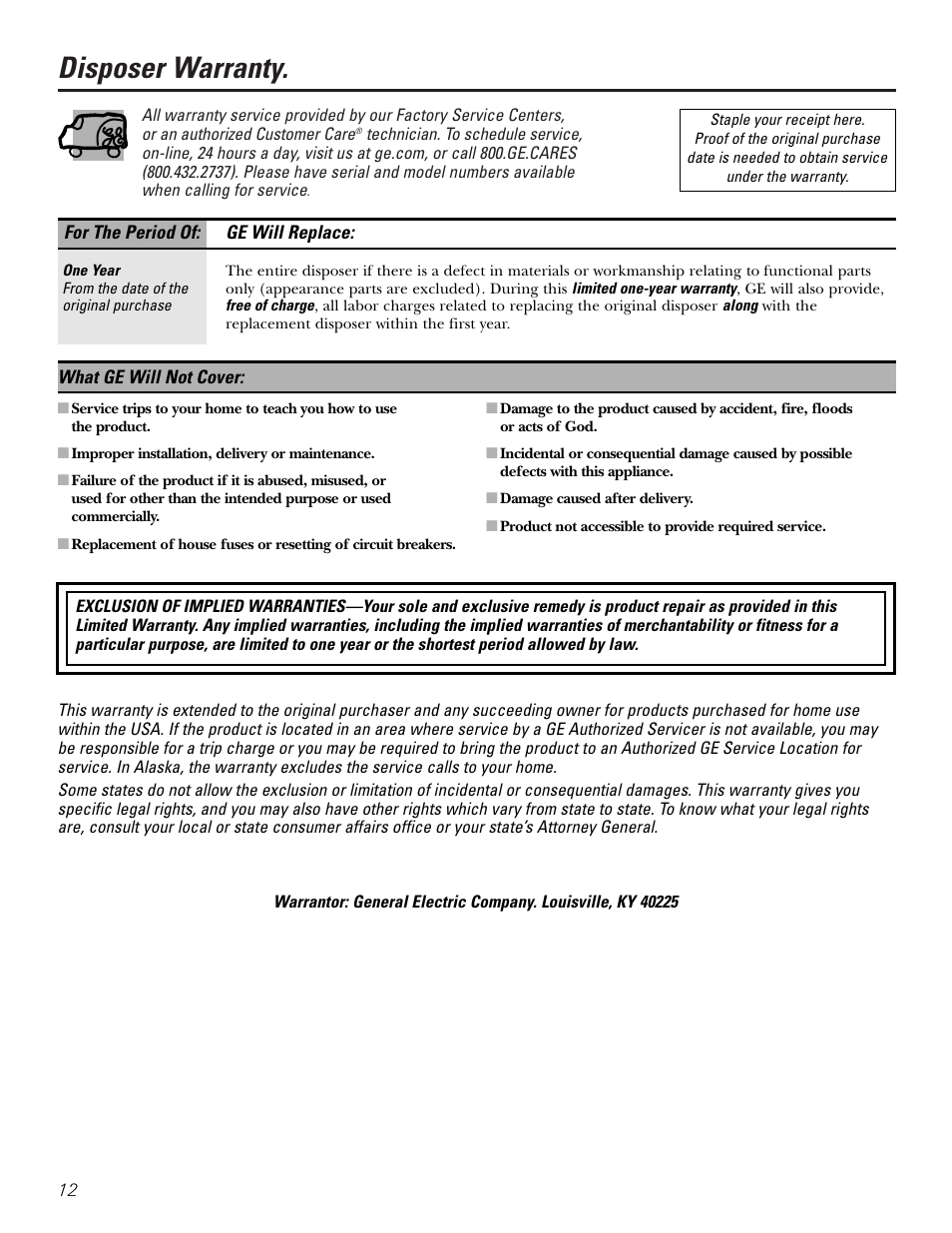 Warranty, Disposer warranty | GE GFB760 User Manual | Page 12 / 24