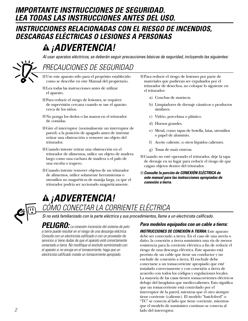 Cómo conectar la corriente eléctrica, Precauciones de seguridad, Advertencia | Peligro | GE GFB760 User Manual | Page 14 / 24