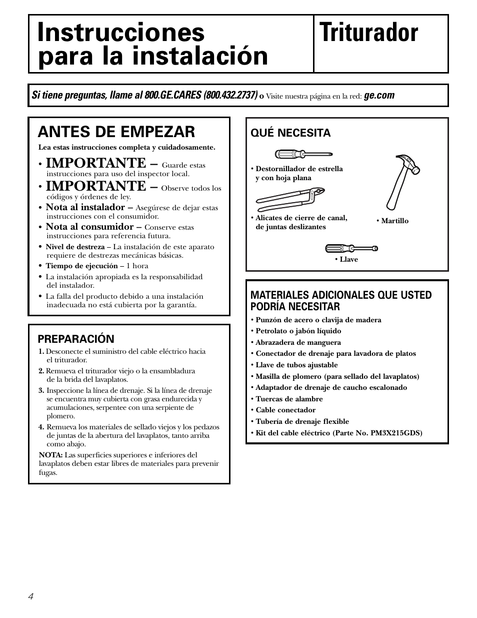 Instrucciones triturador para la instalación, Antes de empezar, Importante | GE GFB760 User Manual | Page 16 / 24