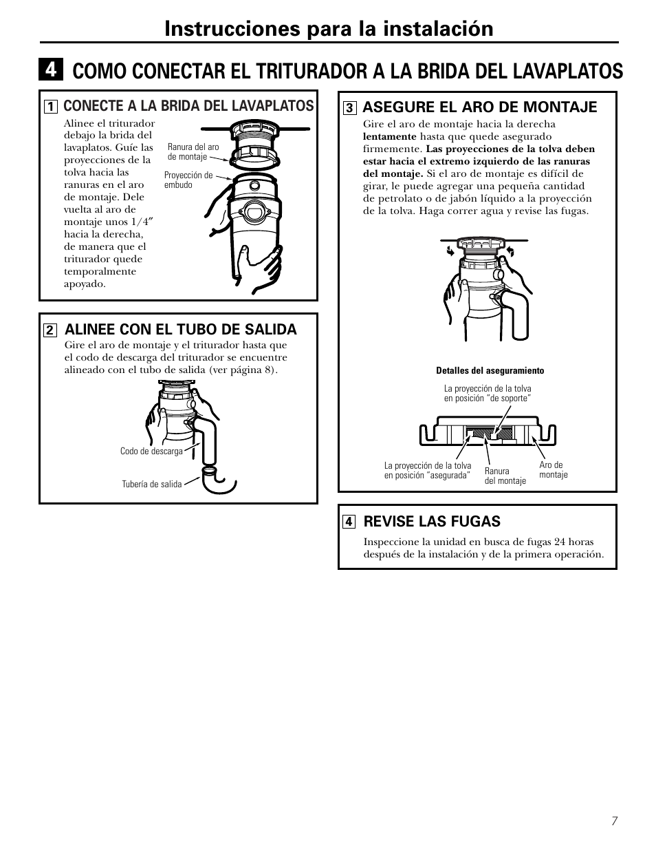 Instrucciones para la instalación, Conecte a la brida del lavaplatos, Alinee con el tubo de salida | Asegure el aro de montaje, Revise las fugas | GE GFB760 User Manual | Page 19 / 24