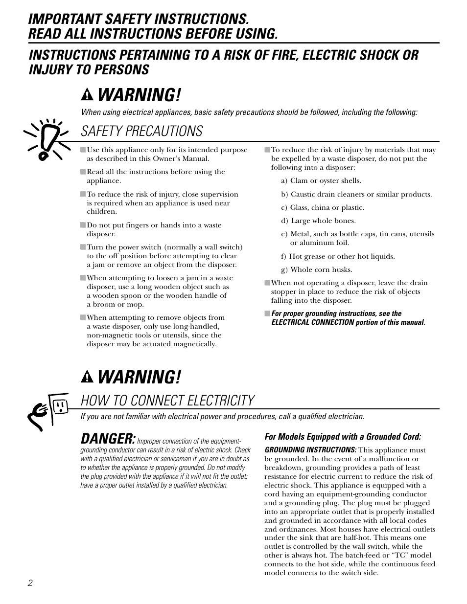 Connecting electricity, Safety precautions, Connecting electricity , 3 safety precautions | Warning, How to connect electricity, Danger | GE GFB760 User Manual | Page 2 / 24
