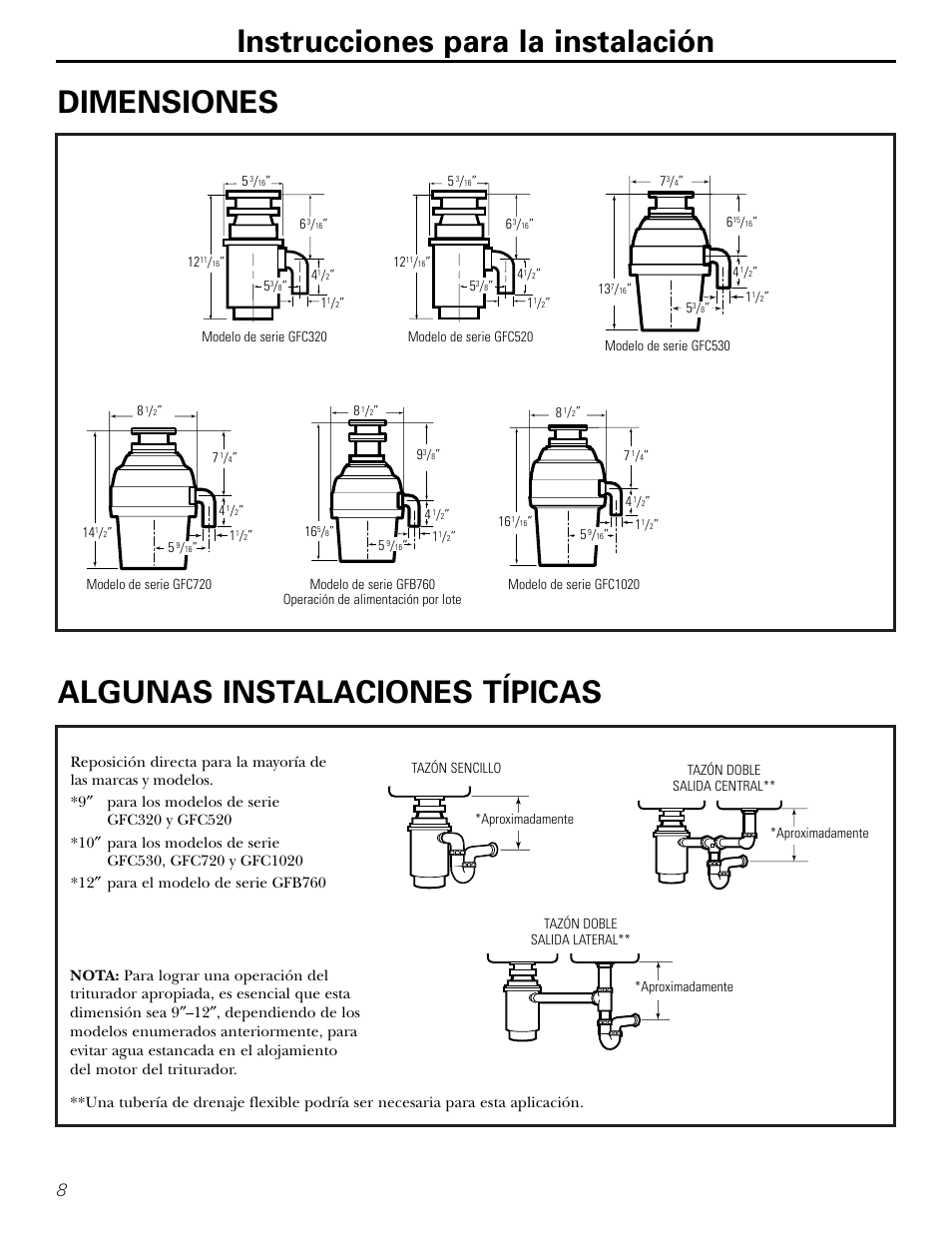 Dimensiones/ instalaciones típicas, Dimensiones | GE GFB760 User Manual | Page 20 / 24