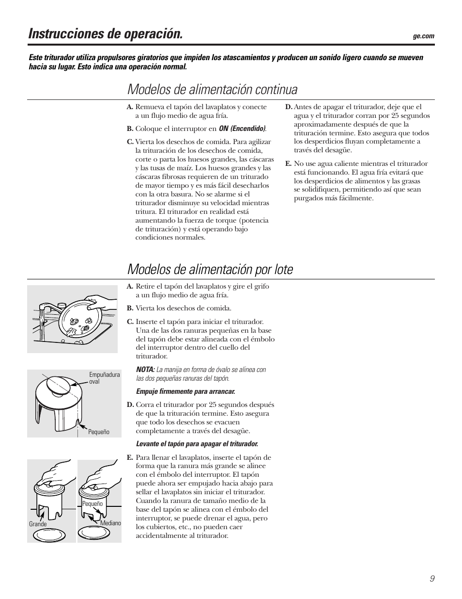 Modelos de alimentación continua, Modelos de alimentación por lote, Instrucciones de operación | GE GFB760 User Manual | Page 21 / 24