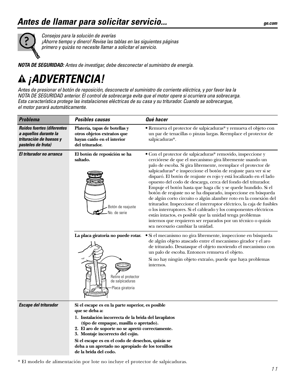 Antes de llamar para servicio, Advertencia, Antes de llamar para solicitar servicio | GE GFB760 User Manual | Page 23 / 24