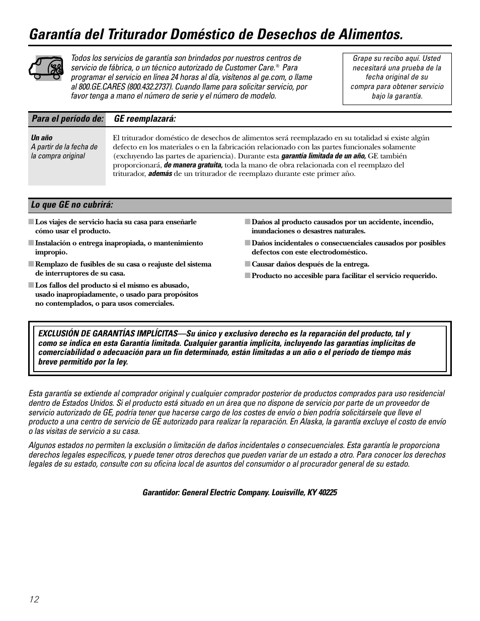 Garantía | GE GFB760 User Manual | Page 24 / 24