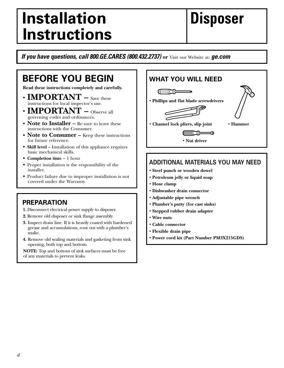 Installation disposer instructions, Before you begin, Important | GE GFB760 User Manual | Page 4 / 24