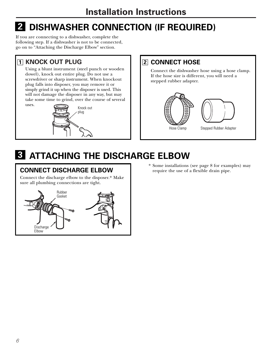 Attaching the discharge elbow, Dishwasher connection, Installation instructions | Dishwasher connection (if required), Attaching the discharge elbow 3 | GE GFB760 User Manual | Page 6 / 24