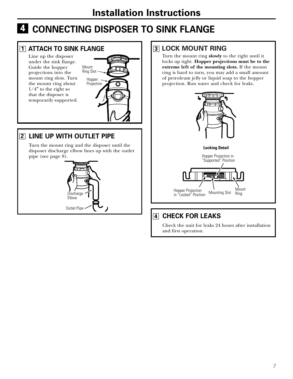 Connecting disposer to sink flange, Installation instructions, Connecting disposer to sink flange 4 | GE GFB760 User Manual | Page 7 / 24
