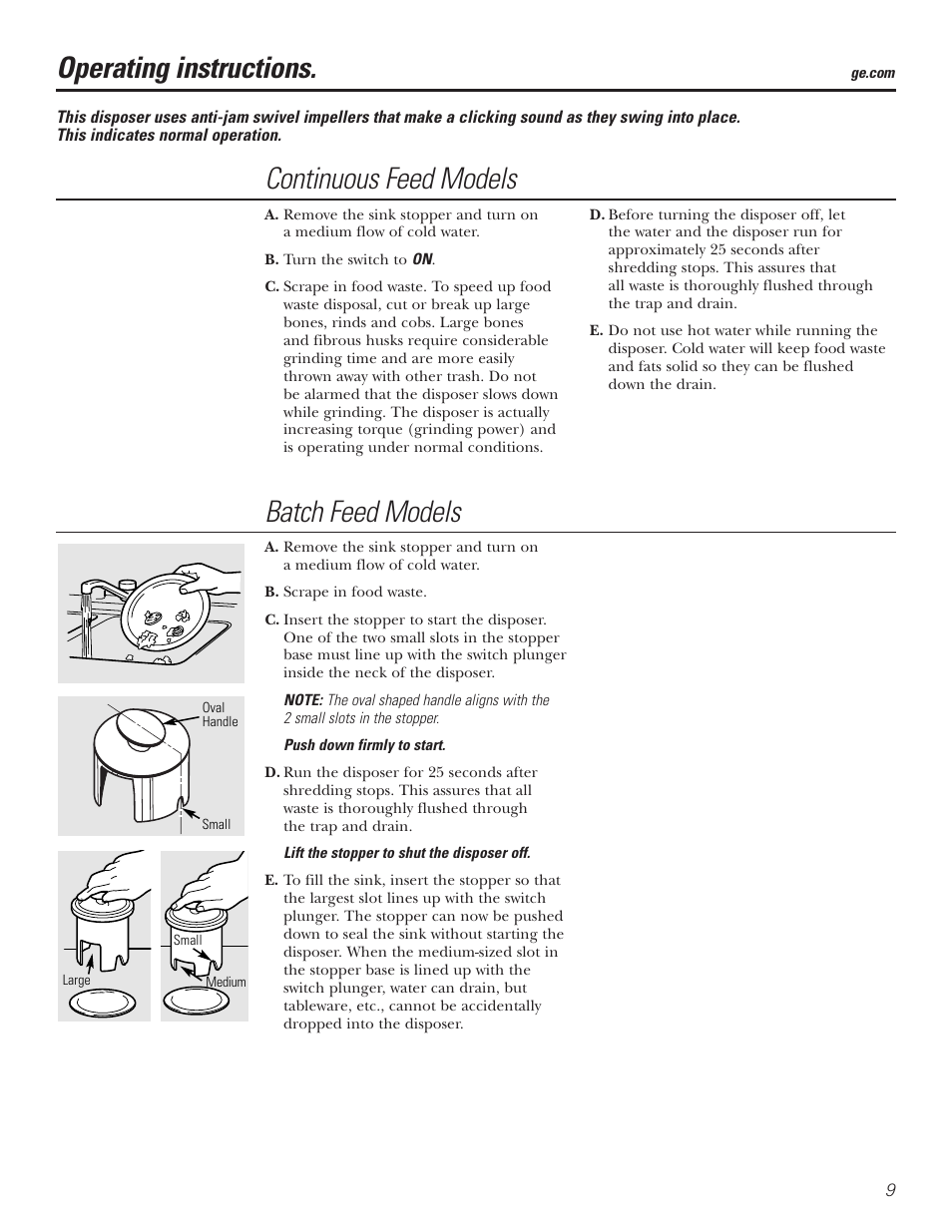 Batch feed models, Continuous feed models, Operating instructions | GE GFB760 User Manual | Page 9 / 24