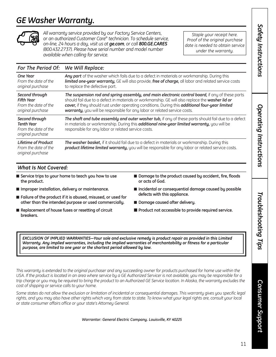 Warranty, Ge washer warranty | GE Profile Washer User Manual | Page 11 / 24