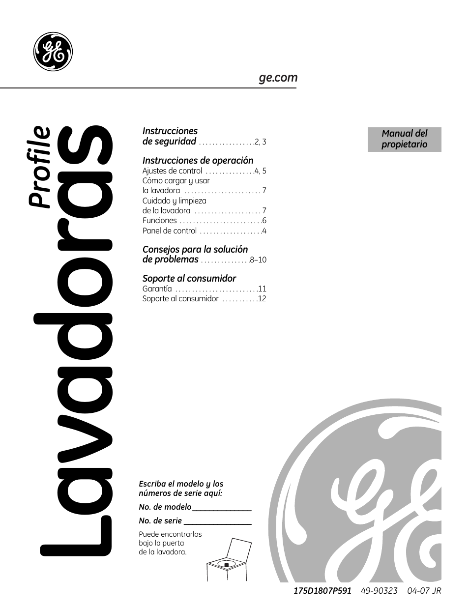 Español, Instrucciones de operación, Soporte al consumidor | Lavadoras, Pr ofile | GE Profile Washer User Manual | Page 13 / 24