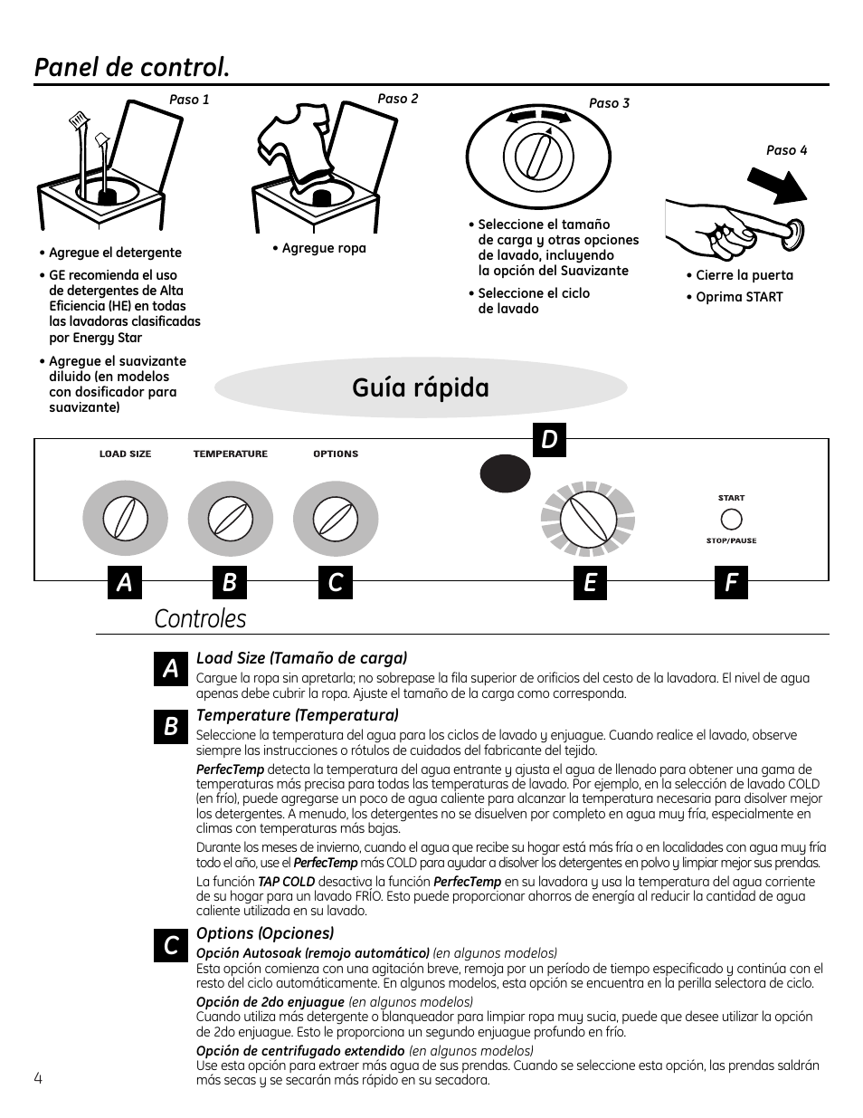 Ajustes de control, Panel de control, Ajustes de control , 5 | Guía rápida panel de control, Controles | GE Profile Washer User Manual | Page 16 / 24