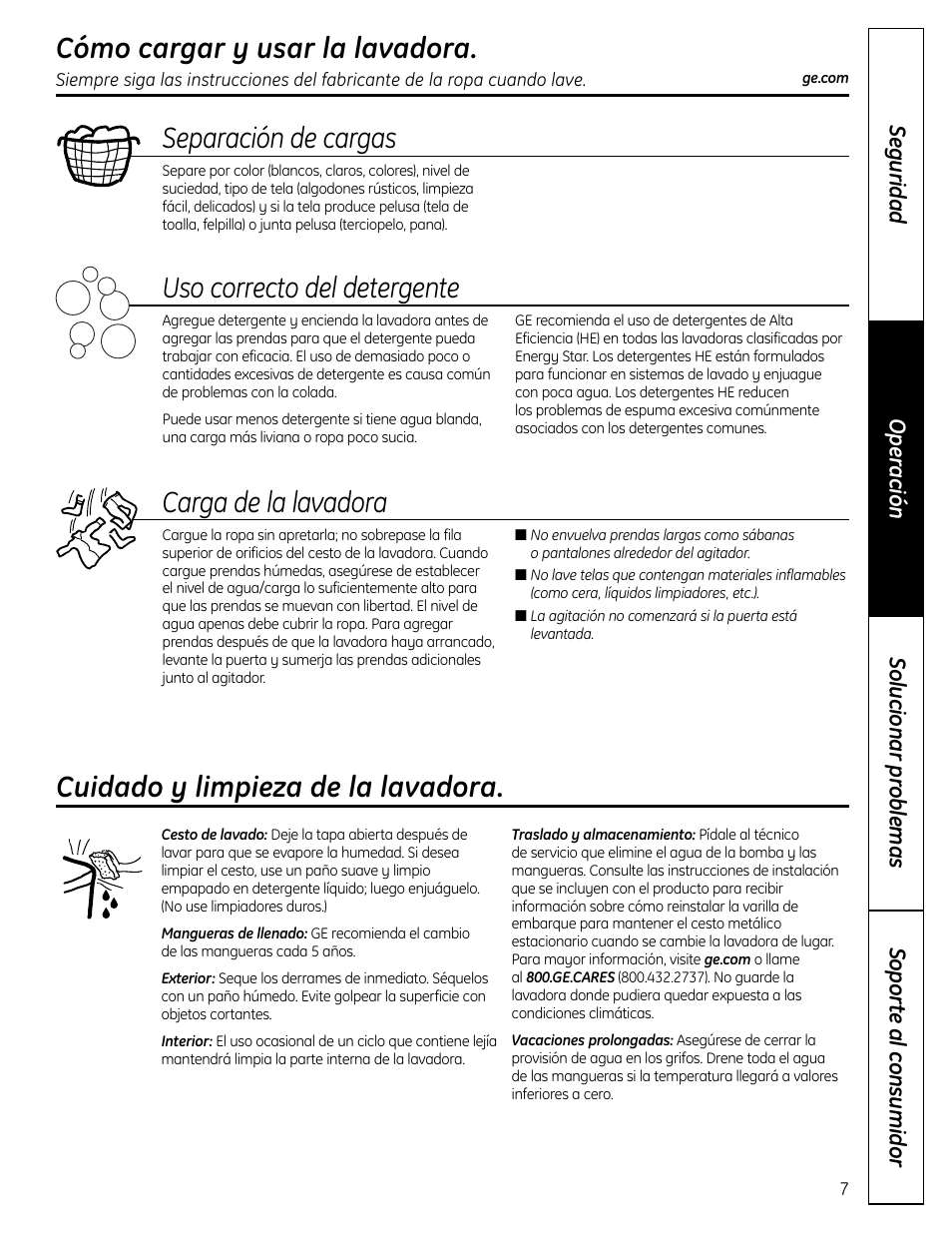 Cómo cargar y usar la lavadora, Cuidado y limpieza de la lavadora, Separación de cargas | Uso correcto del detergente, Carga de la lavadora | GE Profile Washer User Manual | Page 19 / 24