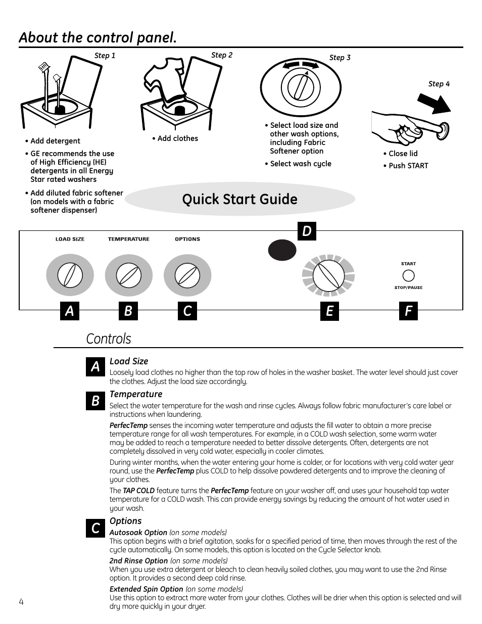 Control panel, Control settings, Control panel control settings , 5 | Quick start guide about the control panel, Controls | GE Profile Washer User Manual | Page 4 / 24
