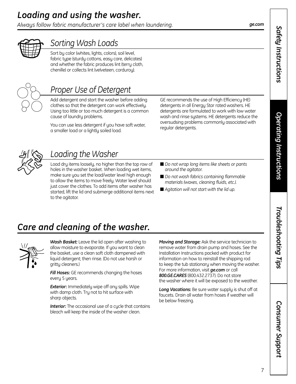 Care and cleaning of the washer, Loading and using the washer, Sorting wash loads | Proper use of detergent, Loading the washer | GE Profile Washer User Manual | Page 7 / 24