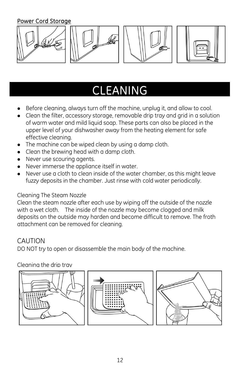 Cleaning the steam nozzle, Caution, Cleaning | GE 681131691086 User Manual | Page 12 / 14