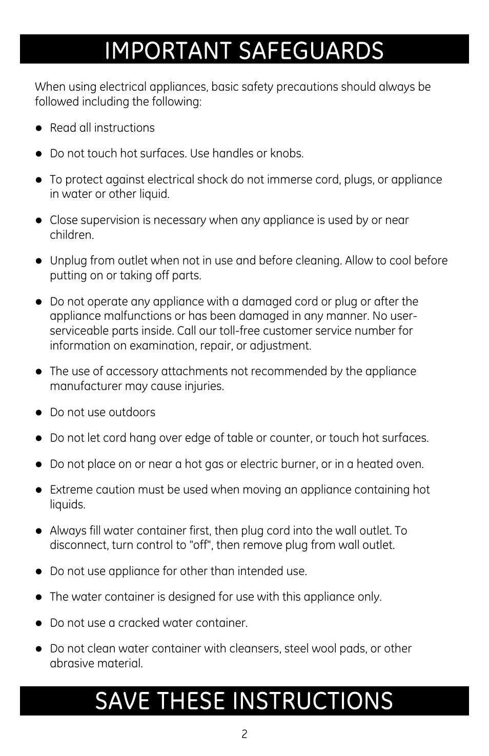 Important safeguards, Save these instructions | GE 681131691086 User Manual | Page 2 / 14