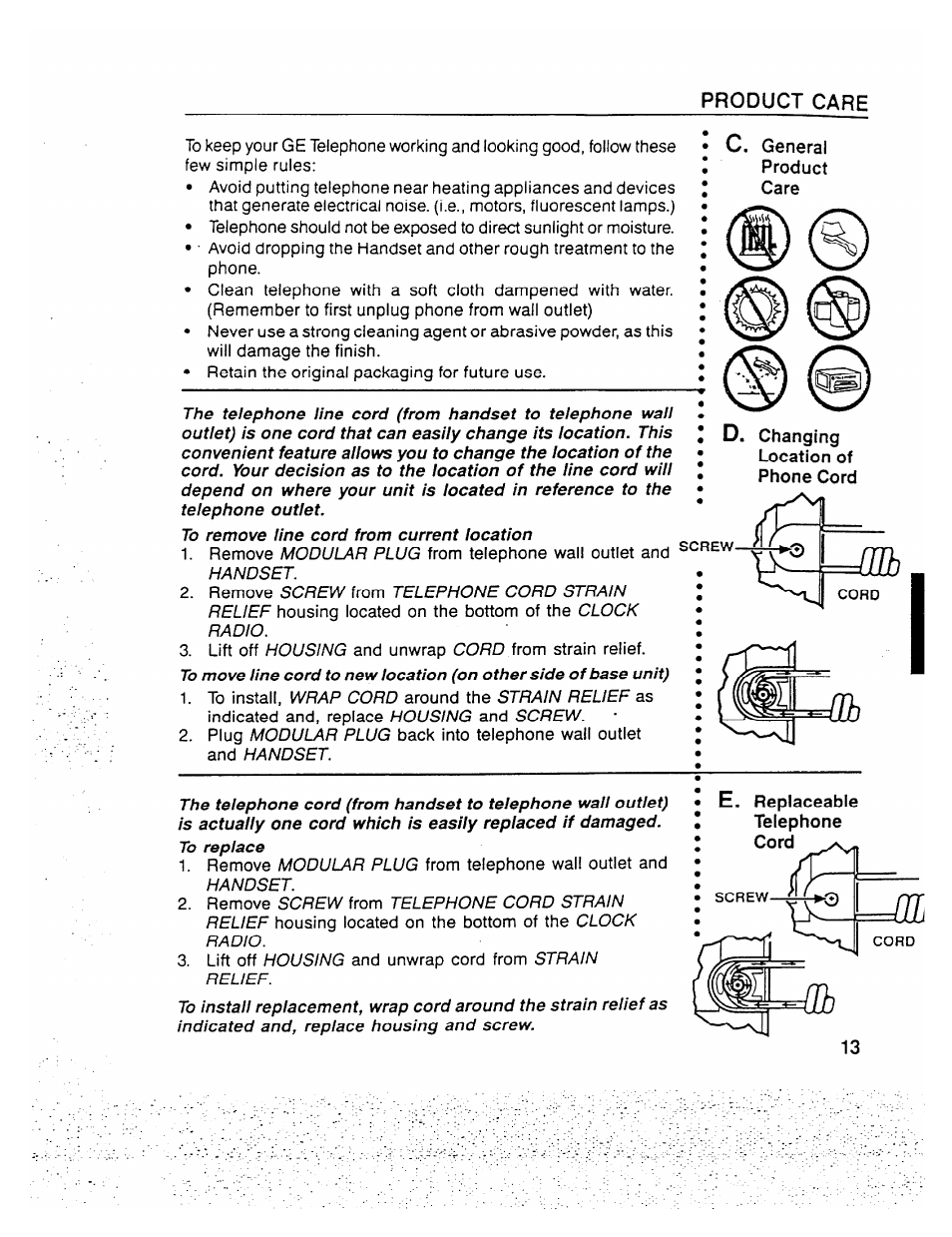 Product care, General product care, Changing location of phone cord | E, repiageable telephone cord, Modular plug, Handset, Relief, Clock radio, Housing, Wrap cord | GE 2-9710 User Manual | Page 13 / 26