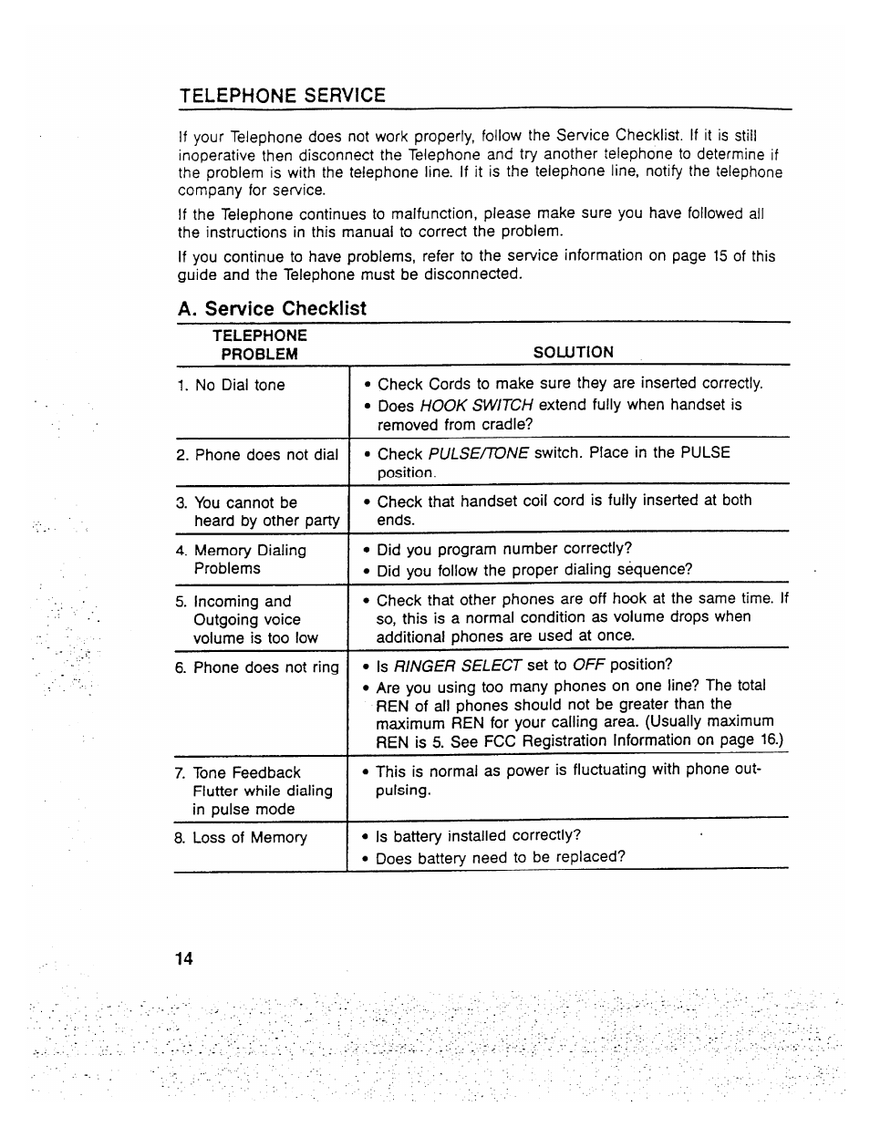 Telephone service, A, service checklist, A. service checklist | GE 2-9710 User Manual | Page 14 / 26