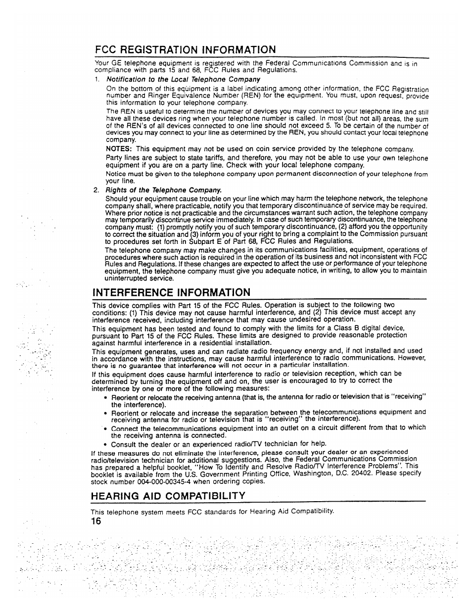 Fcc registration information, Interference information, Hearing aid compatibility | GE 2-9710 User Manual | Page 16 / 26