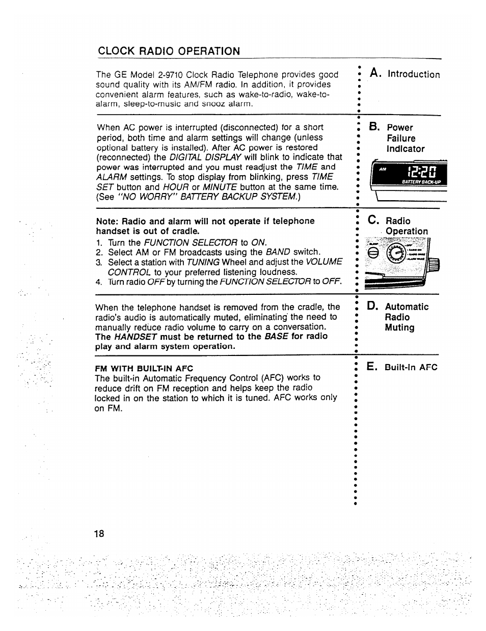 D, power failure indicator, B. power failure indicator, Clock radio operation | GE 2-9710 User Manual | Page 18 / 26