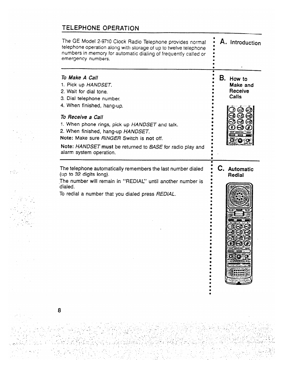 B. how to, Telephone operation, C. automatic | GE 2-9710 User Manual | Page 8 / 26