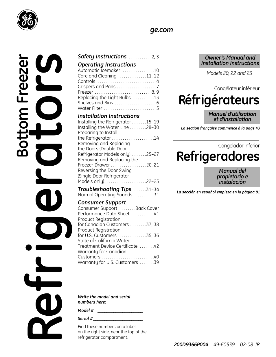 GE BOTTOMFREEZER 200D9366P004 User Manual | 42 pages