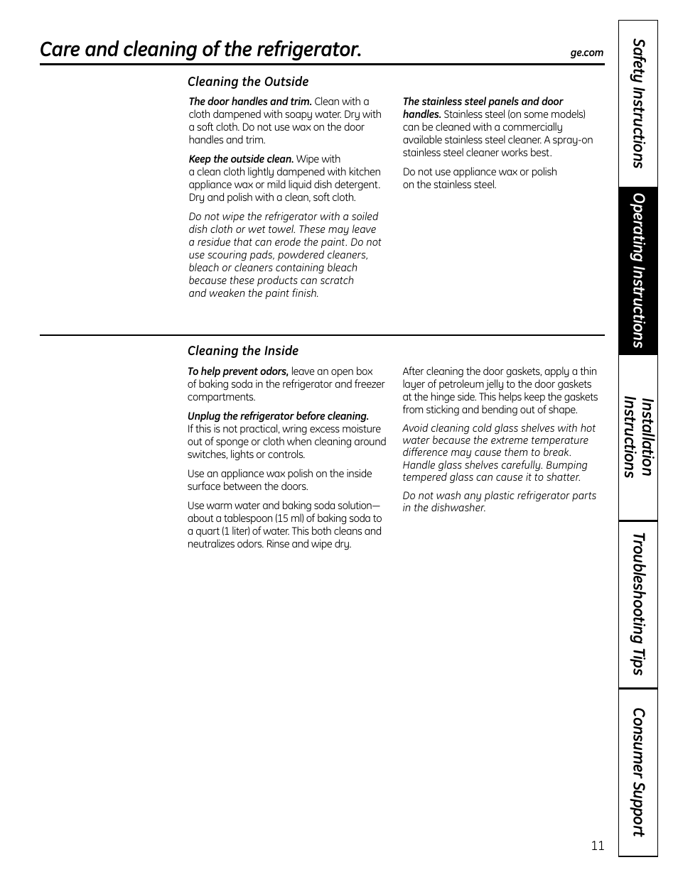Care and cleaning , 12, Care and cleaning of the refrigerator | GE BOTTOMFREEZER 200D9366P004 User Manual | Page 11 / 42
