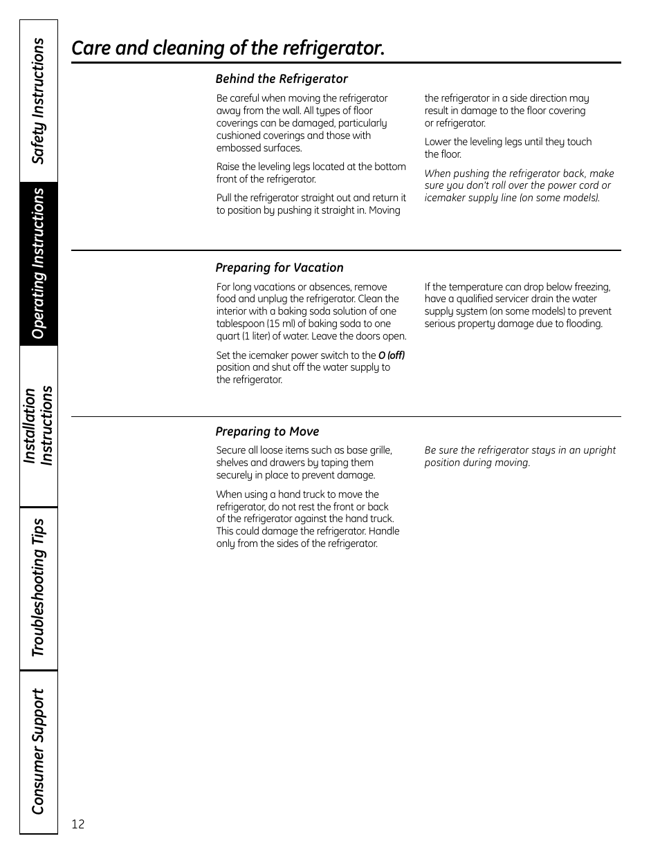 Care and cleaning of the refrigerator | GE BOTTOMFREEZER 200D9366P004 User Manual | Page 12 / 42