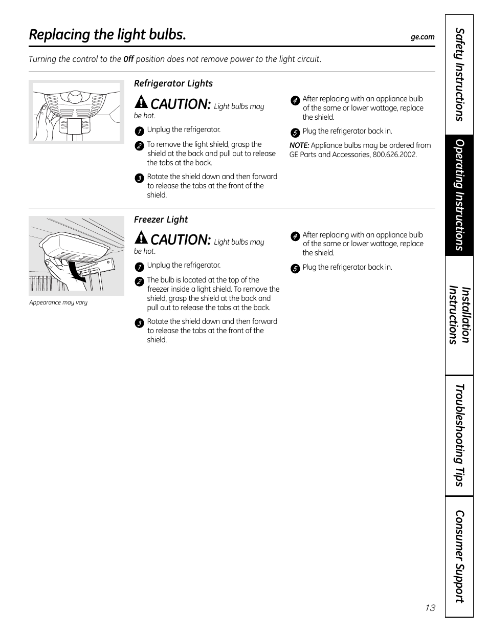 Replacing the light bulbs, Caution | GE BOTTOMFREEZER 200D9366P004 User Manual | Page 13 / 42