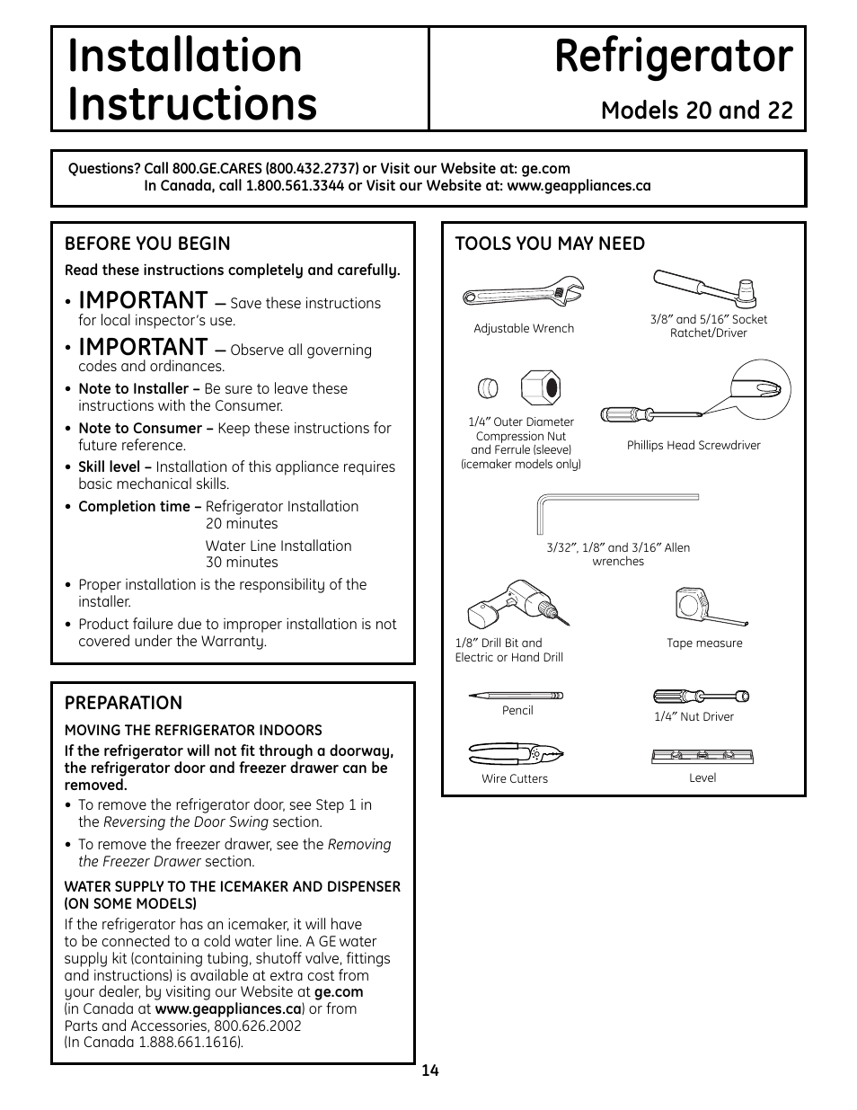 Preparing to install the refrigerator, Installation refrigerator instructions, Models 20 and 22 | Important | GE BOTTOMFREEZER 200D9366P004 User Manual | Page 14 / 42