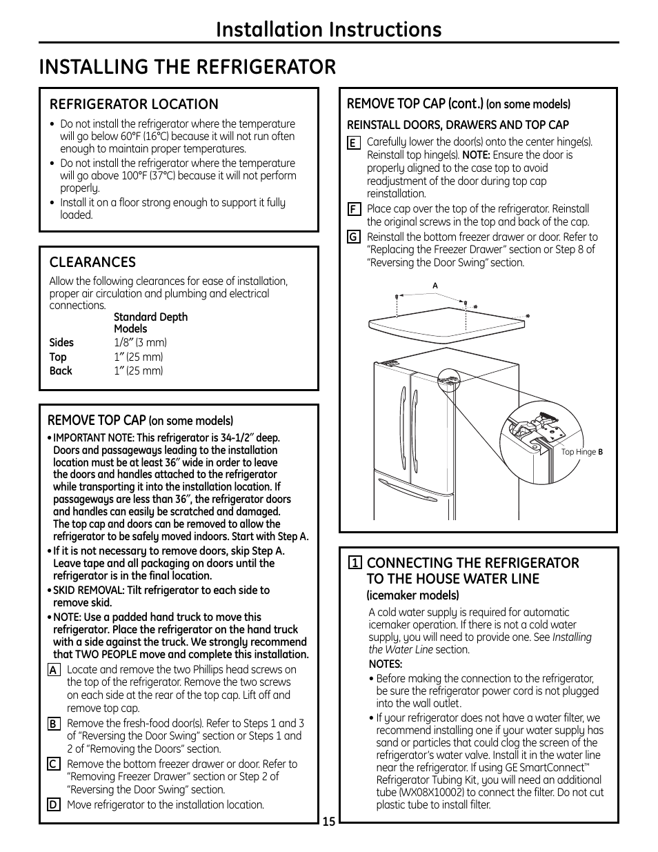 Installing the refrigerator –19 | GE BOTTOMFREEZER 200D9366P004 User Manual | Page 15 / 42