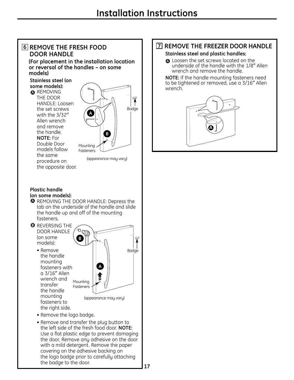 Installation instructions, Remove the fresh food door handle, Remove the freezer door handle | GE BOTTOMFREEZER 200D9366P004 User Manual | Page 17 / 42