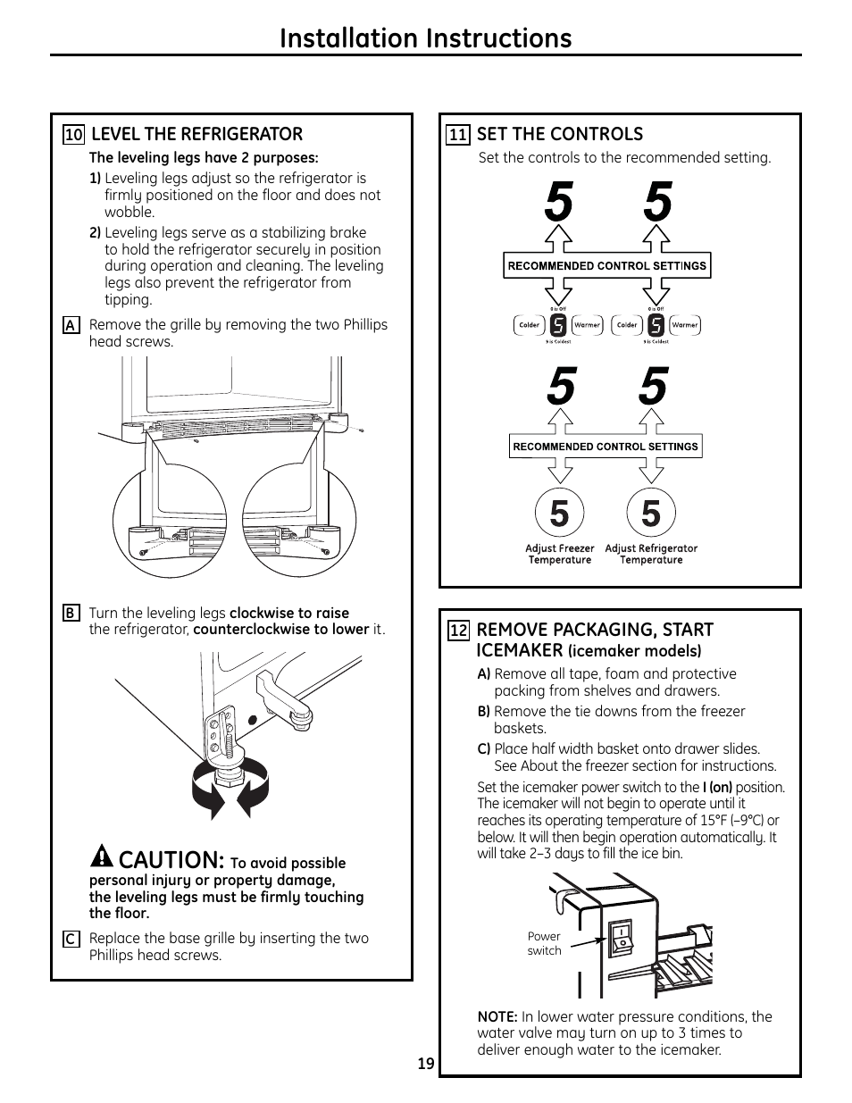 Installation instructions, Caution | GE BOTTOMFREEZER 200D9366P004 User Manual | Page 19 / 42