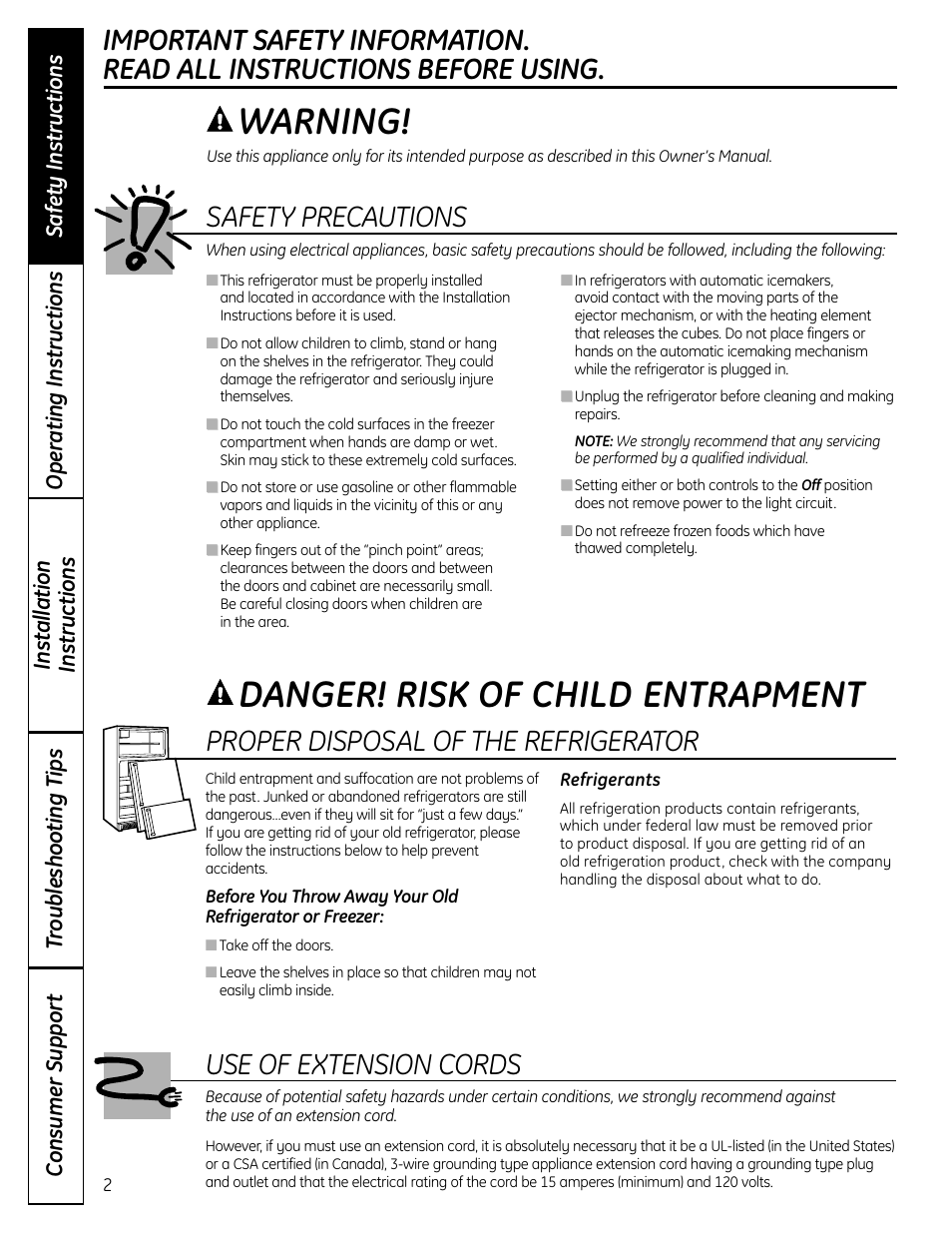 Safety instructions, Warning, Danger! risk of child entrapment | Safety precautions, Proper disposal of the refrigerator, Use of extension cords | GE BOTTOMFREEZER 200D9366P004 User Manual | Page 2 / 42